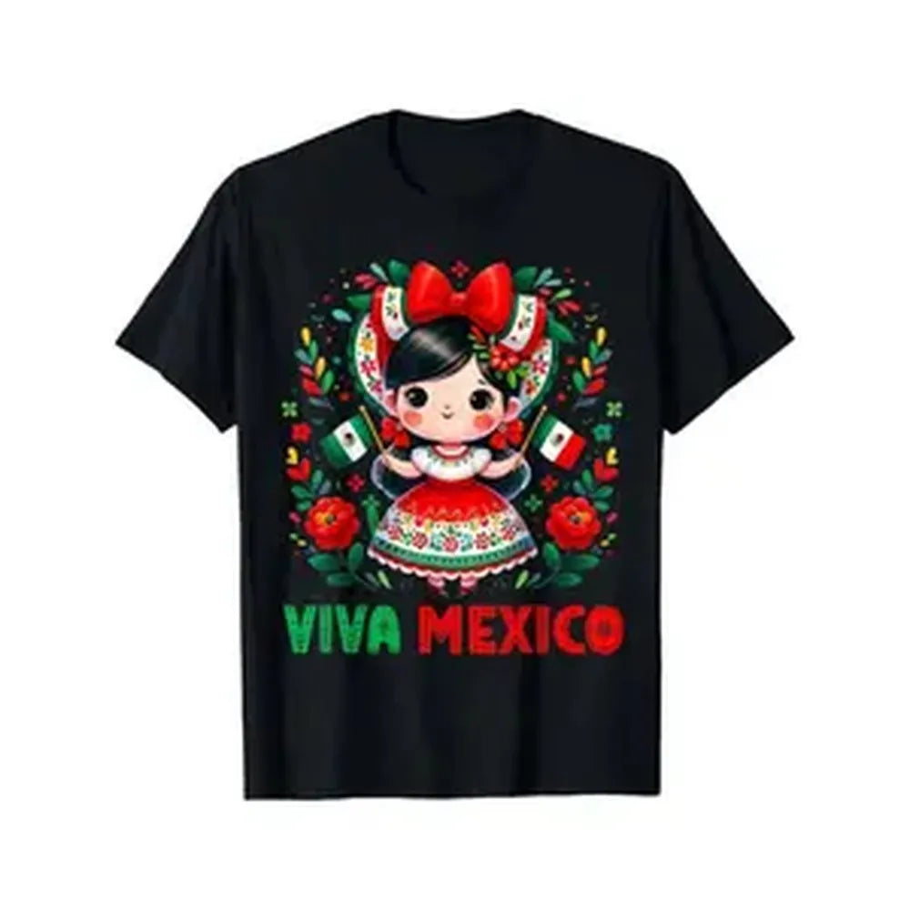 Mexican Graphic Cotton T-Shirt - Cute Mexico Girl Print, Men's/Toddler Short-Sleeve Crew Neck Top, Smooth Soft Seamless Casual Fabric, Breathable Lightweight Summer Sports Outdoor Wear