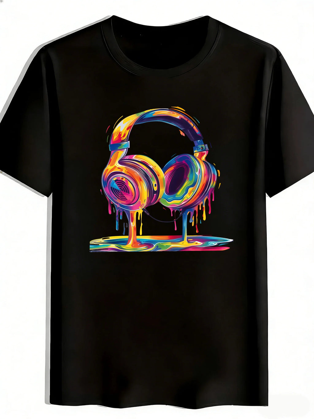 Men's Headphone Print T-Shirt with Ink Splatter Music Design - Textured Polyester Round Neck Short Sleeve Suitable for Streetwear, Gym, Music Festivals, Casual Wear - Machine Washable Regular Fit for Outdoor Training & Summer Activities
