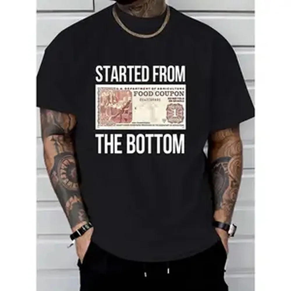 100% Cotton Men's Black Classic Short-Sleeve Crew Neck (Round Neck) T-Shirt - Started From The Bottom Graphic Top, Soft Breathable Regular Fit Casual Golf Streetwear, Machine Washable All-Season Gift Tee