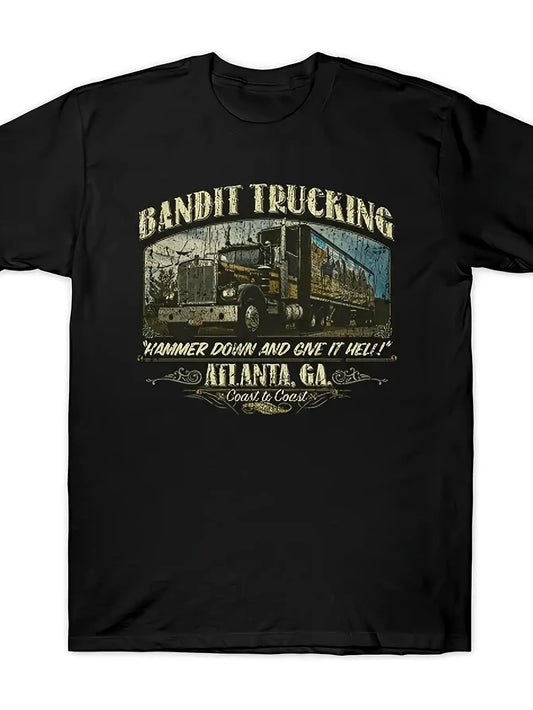 Bandit Trucking Vintage 1977 Retro Truck & Trailer Graphic T-Shirt - Heavy Trucking Design, Black Crew Neck Short Sleeve Tee, Comfortable Breathable Medium Stretch Fabric, All-Season Casual Streetwear for Men & Truck Drivers, Truck Enthusiast, PLUS