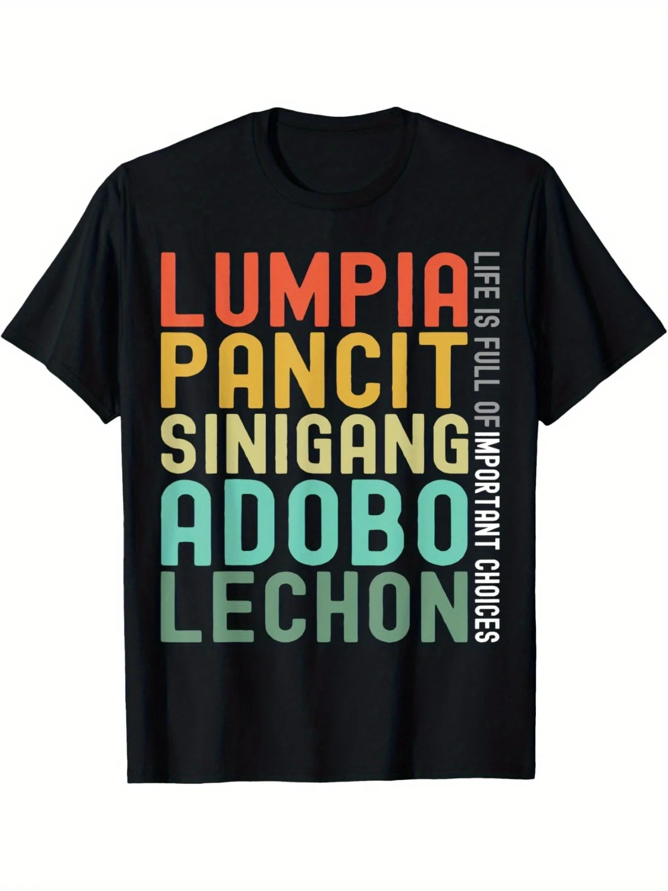 Men'S Casual Philippines Cuisine Graphic T-Shirt - "Pancito Singingang Adobo Lechon" Colorful Print, Knitted Fabric, Round Neck, Summer Te