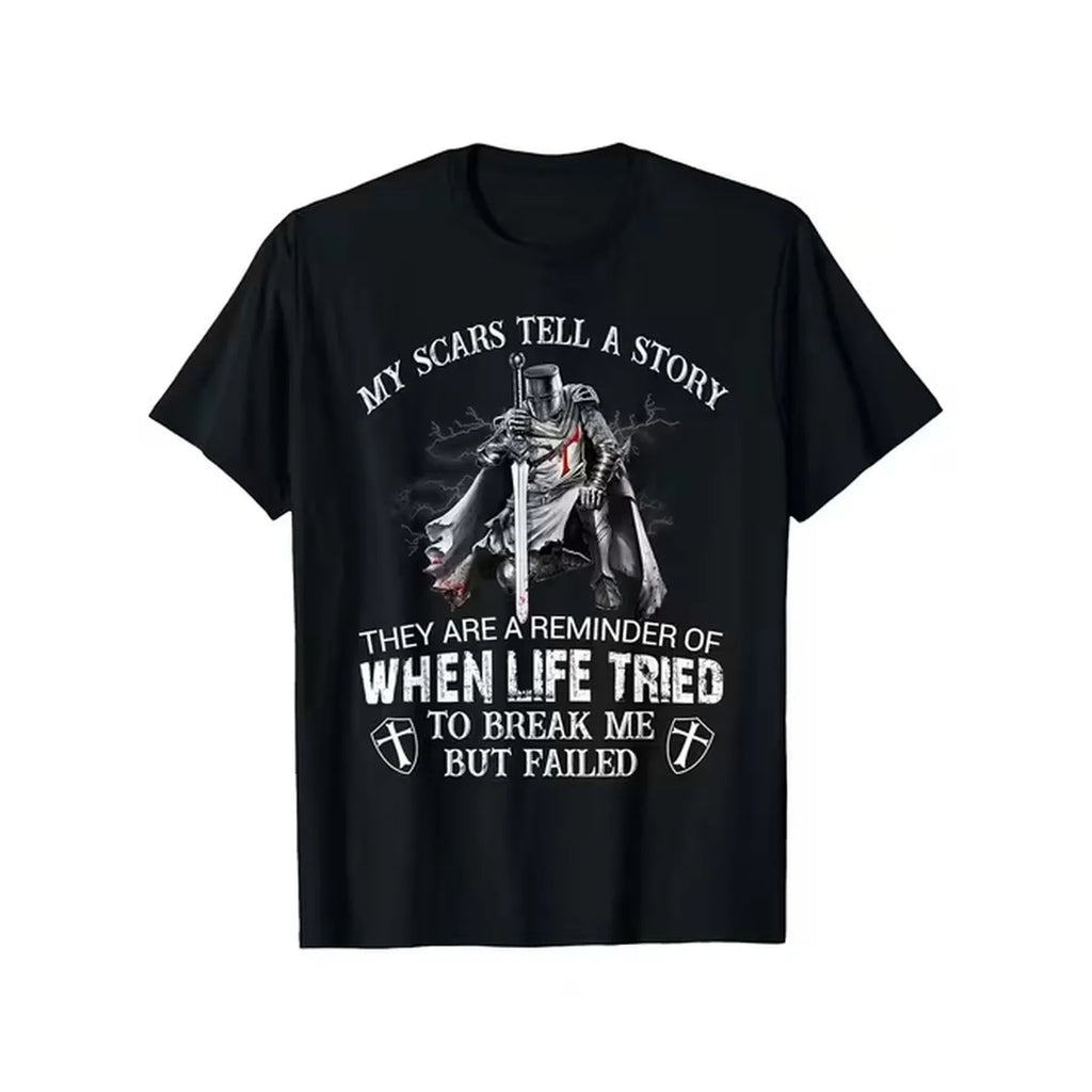 Men Christian Warrior T Shirt My Scars Tell A Story Graphic Print Knights Templar Cross Short Sleeve Black Tee Inspirational Faith Casual Round Neck Tops Gift For Men