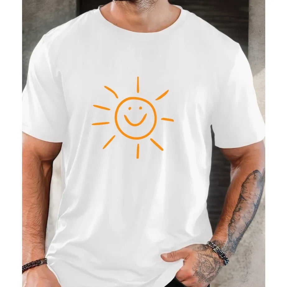 Men's Smiling Sun Graphic Summer T-Shirt - White with Orange Casual Short Sleeve Round Neck Tee Outdoor Activities Casual Attire