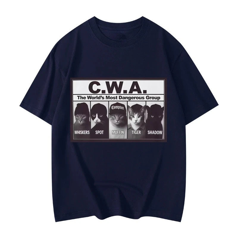 HOT SALE CWA The Worlds Most Dangerous Group Funny Cat Meme Graphic T Shirts Fashion Vintage Short Sleeve T-shirt Cotton T-shirt