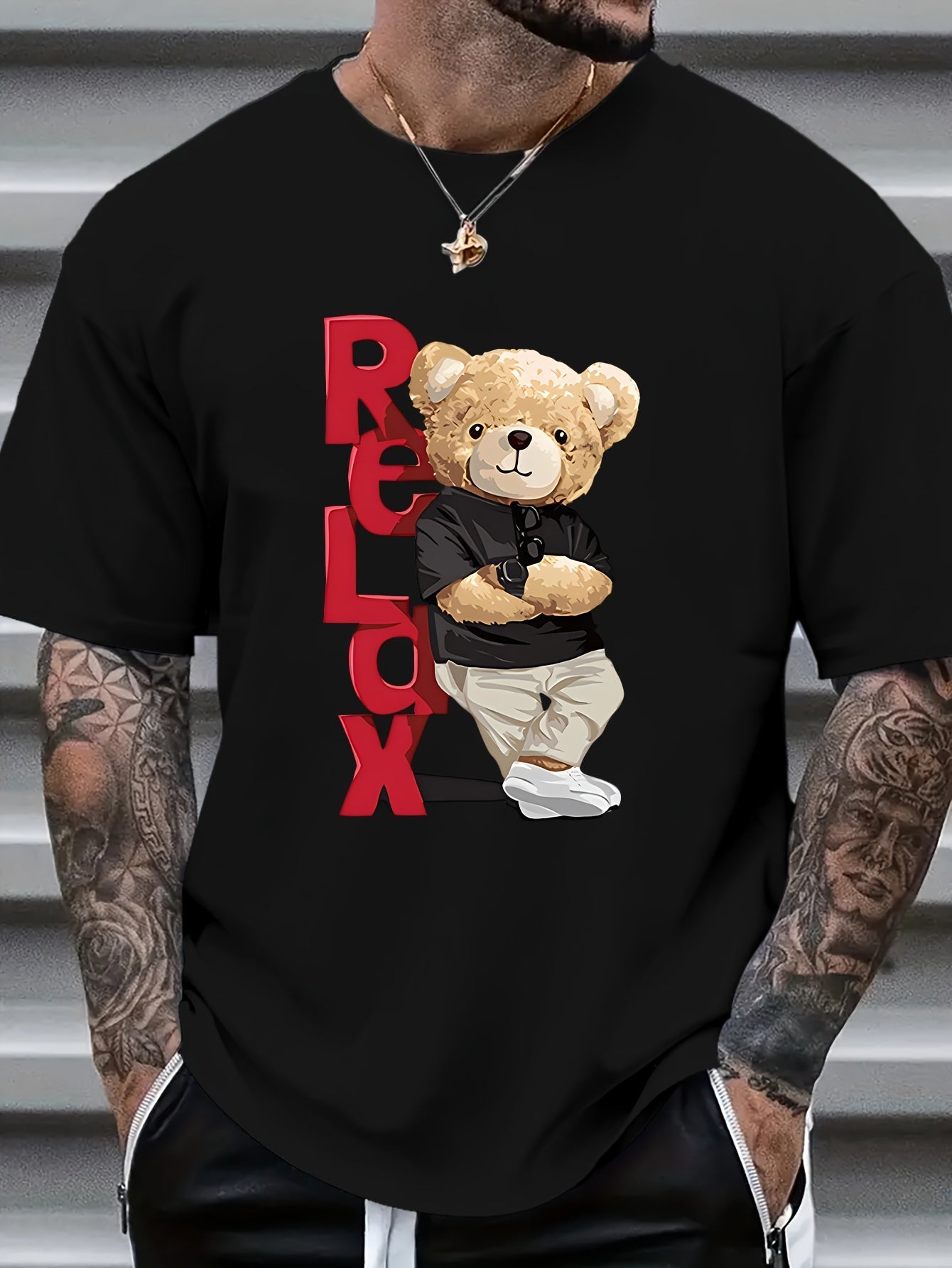 Men's Bear Print Short Sleeve T-Shirt - Summer Casual Round Neck Tee with Bear & Beech Tree Ink Drawing, Comfortable Regular Fit, Machine Washable Opaque Shirt for Outdoor & Casual Attire - In Stock ()
