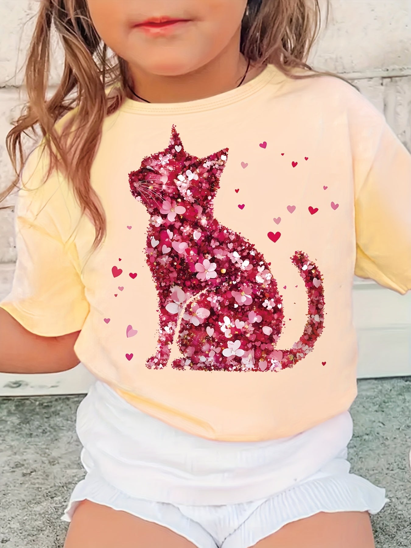 Cute girls' T-shirts, including a cat print T-shirt with faux sequin design, a romantic red floral print T-shirt, a round neck short-sleeved casual top, the perfect choice for summer outings.
