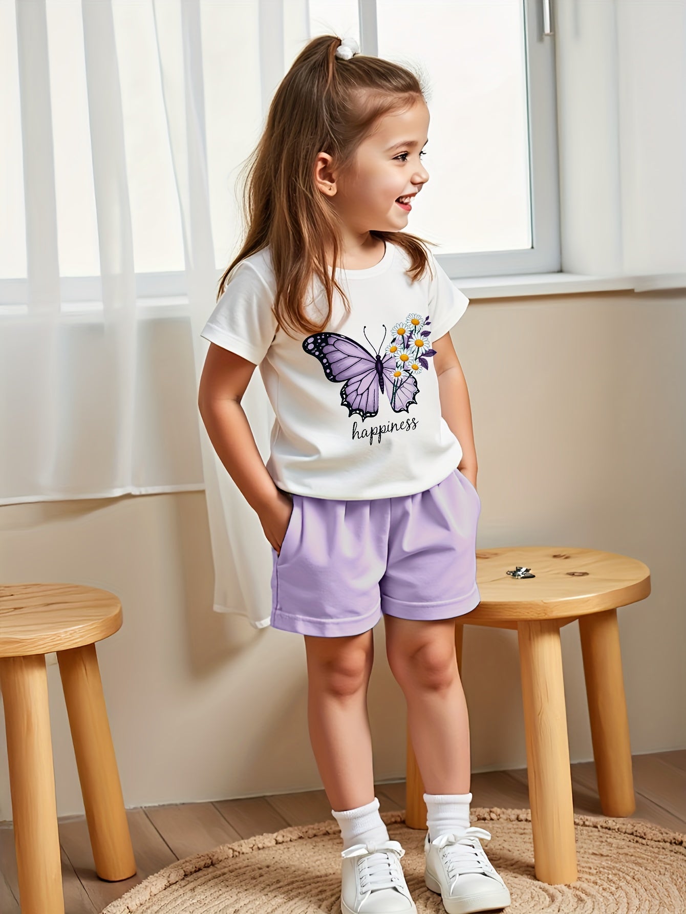 Girls' Clothing Summer Fashion Print Short Sleeve T-Shirt Top And Shorts Summer Shorts Set 2pcs, for Outdoor