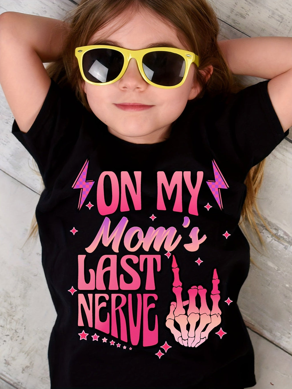 TX31172 Girl ZON MY *Mom'S LAST NERVE Pink Skull Palm Cute Casual Versatile Round Neck Black T-Shirt