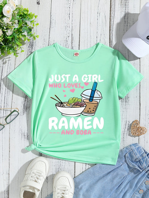 A Charming And Laid-Back Cartoon-Patterned Letter Tee for Girls, Perfect for Summer with Its Short Sleeves And Round Neck Design