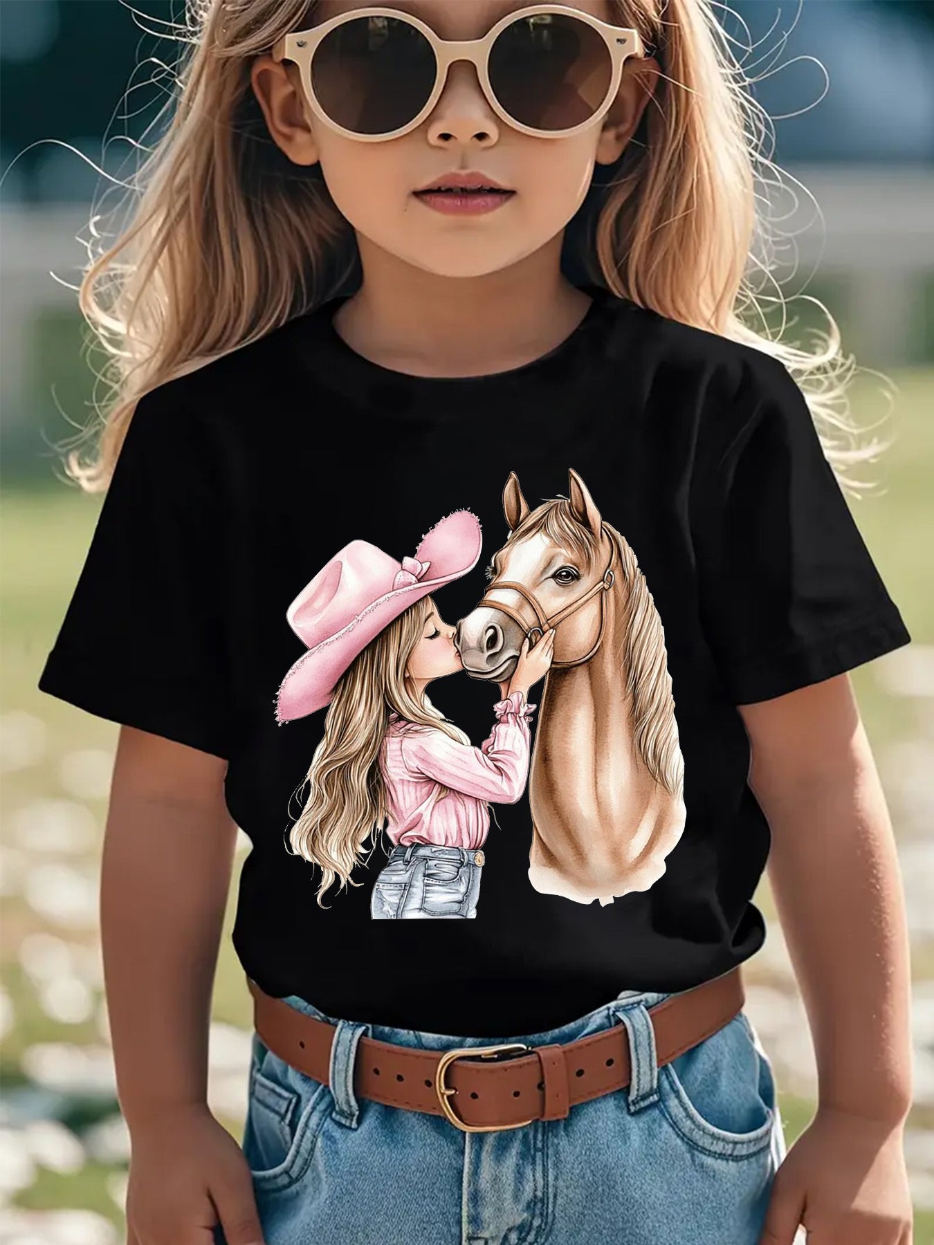 Girls' Summer Short Sleeve T-Shirt with Kissable Horse & Mara' Cartoon Patch - Pink Casual Round Neck Blouse for Equestrian Outfits NY-DX7632