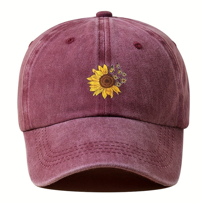 1pc Unisex Sunshade Washed Distressed Baseball Cap With Sunflower Butterfly Pattern For Outdoor Sport, Ideal choice for Gifts