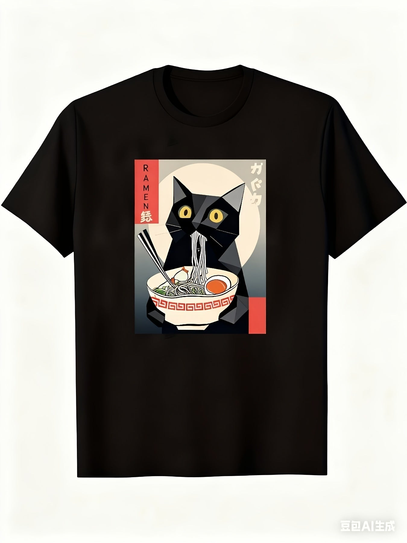 Men's Vintage Japanese Ramen Cat T-Shirt - Kitten Eating Noodles Print Round Neck Short Sleeve, Anime Cat & Ramen Lovers Casual Shirt, Machine Washable Comfortable Casual Attire