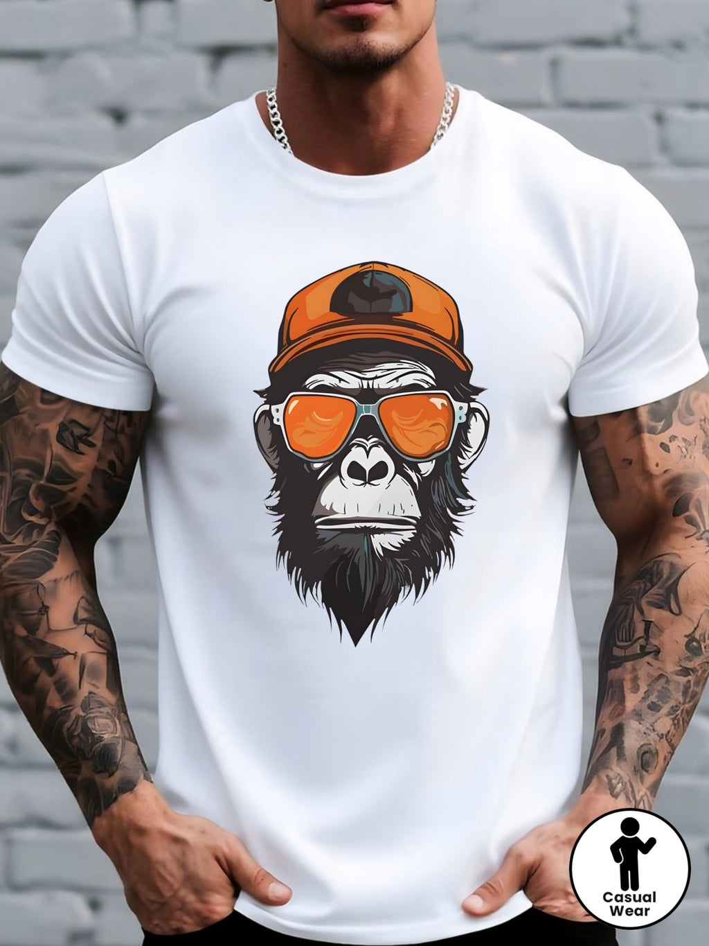 Men's Monkey Print T-Shirt - Monkey-Themed Short Sleeve Round Neck Casual Top, Breathable Summer Shirt Suitable for Outdoor & Casual Attire, Machine Washable Solid Color Base with Monkey