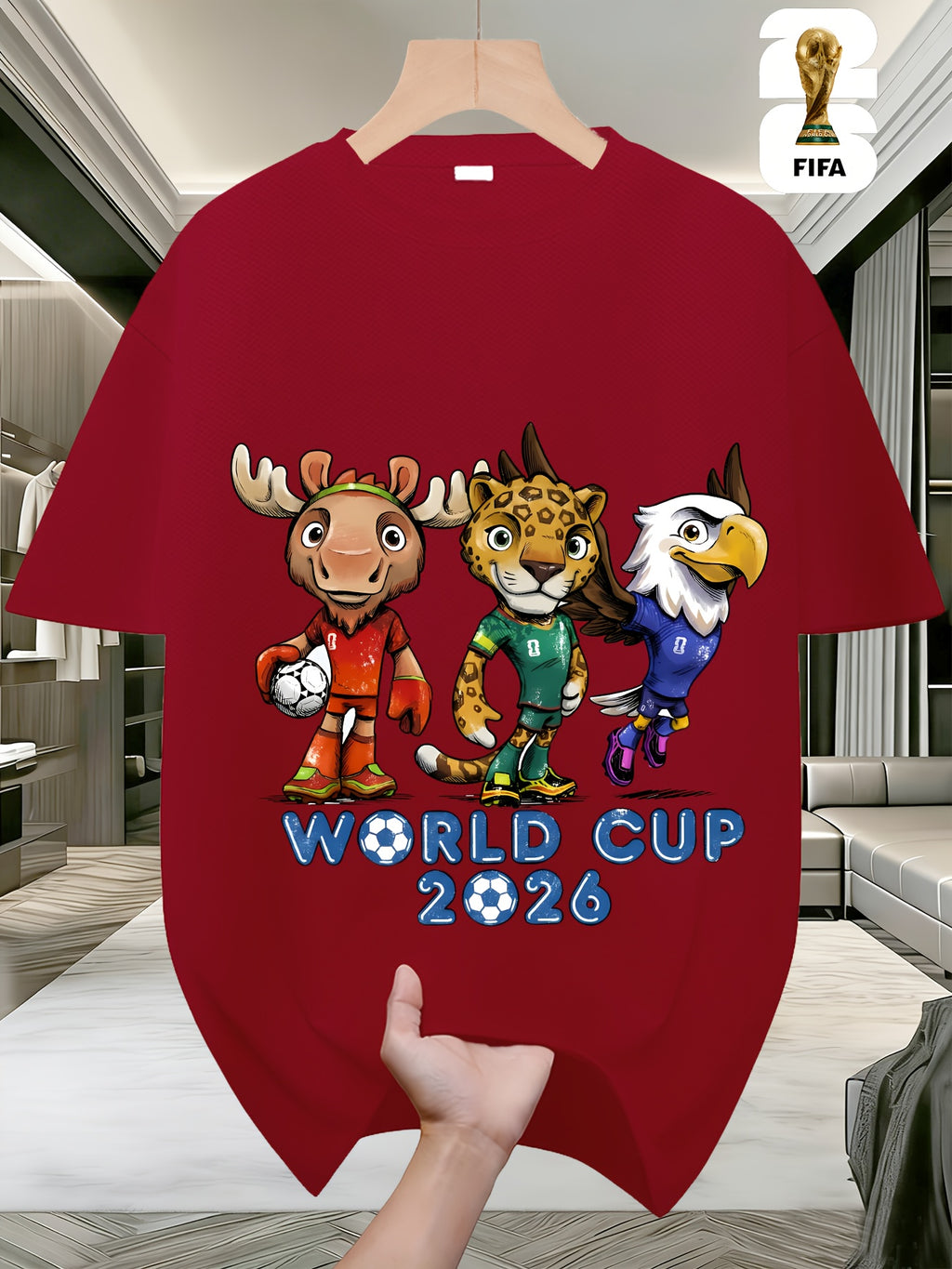 FIFA World Cup Football Men's Fashionable Short-sleeved T-shirt with a US, Canada and Mexico Themed Print. A Casual and Comfortable Summer T-shirt with a Cartoon Theme Design, Perfect for Outdoor Summer Wear, Birthday Gifts, and World Cup Presents.