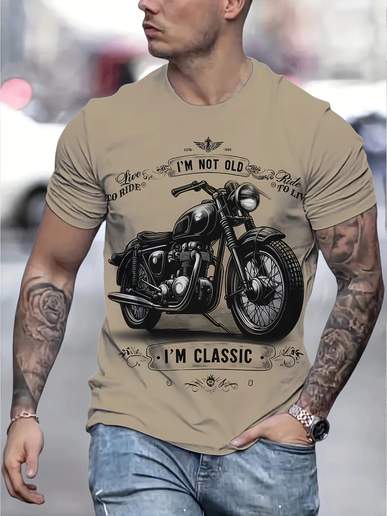 Summer Casual Men's 3D Digital Vintage Style Motorcycle Print and "I'M NOT OLD I'M CLASSIC" Graphic Short Sleeve Crew Neck T-Shirt, Father's Day Gift - Boyfriend Gift - Fashionable Summer Top for Outdoor Activities
