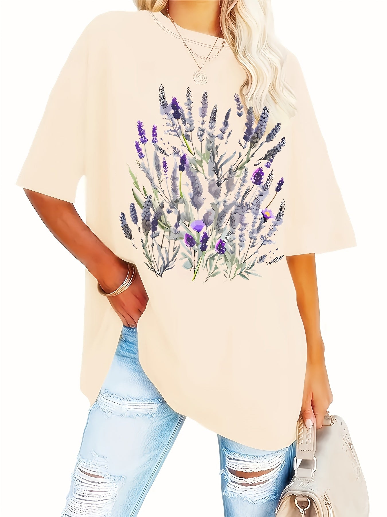 Plus Size - Plus Size - Short Sleeve Floral Print Plus Size Round Neck Casual Top, Summer And Spring, Women'S Plus Size Clothing