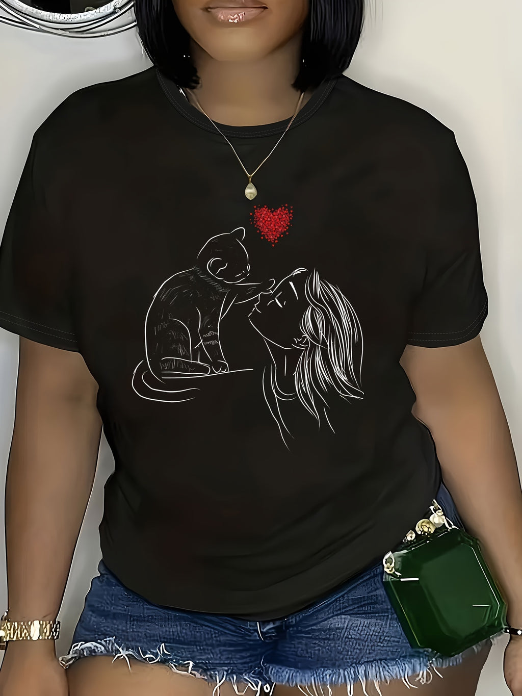 Plus Size Cat & Woman Print T-Shirt, Casual Short Sleeve Top For Spring & Summer, Women's Plus Size Clothing