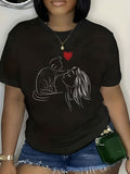 Plus Size Cat & Woman Print T-Shirt, Casual Short Sleeve Top For Spring & Summer, Women's Plus Size Clothing