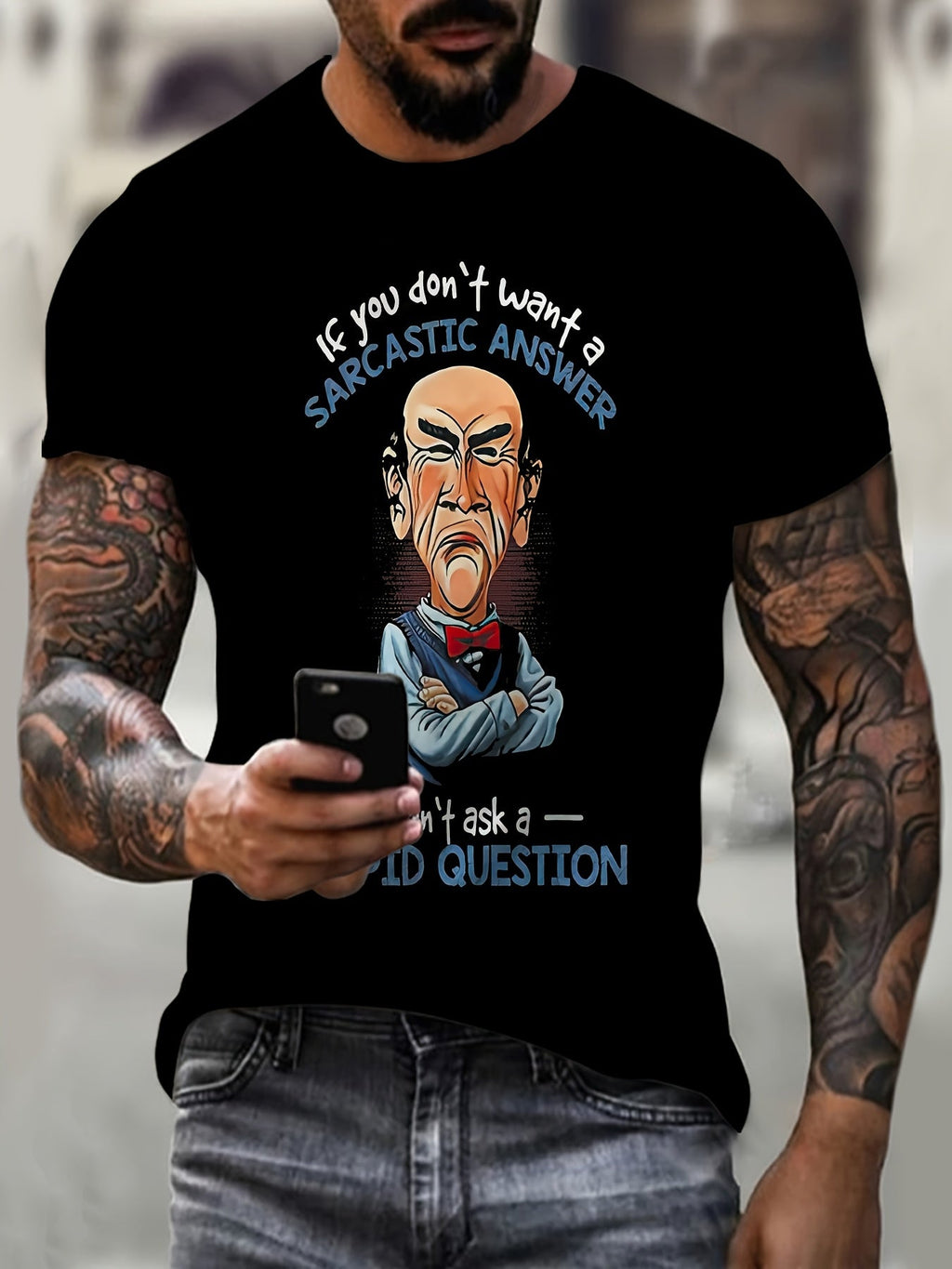 Men'S Short Sleeve Summer Casual 3D Print Pattern Round Neck Black T-Shirt Comfortable