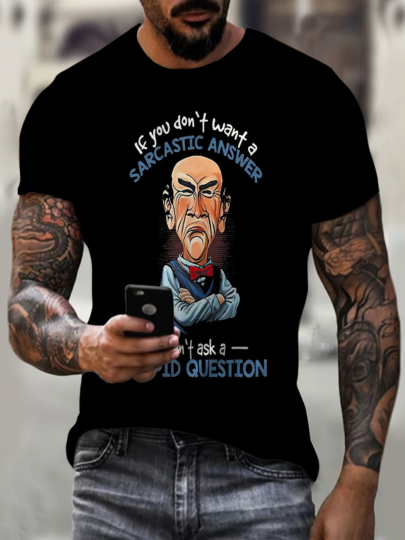 Men'S Short Sleeve Summer Casual 3D Print Pattern Round Neck Black T-Shirt Comfortable