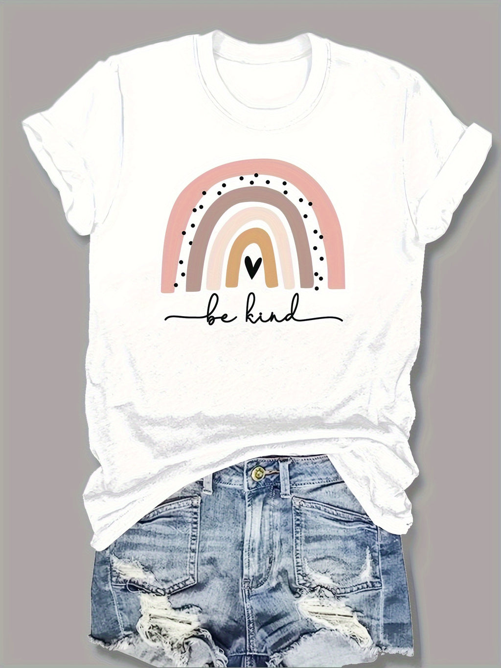 Fashionable Short-Sleeved Women'S Top with a Rainbow-Themed Print And a Round Neckline