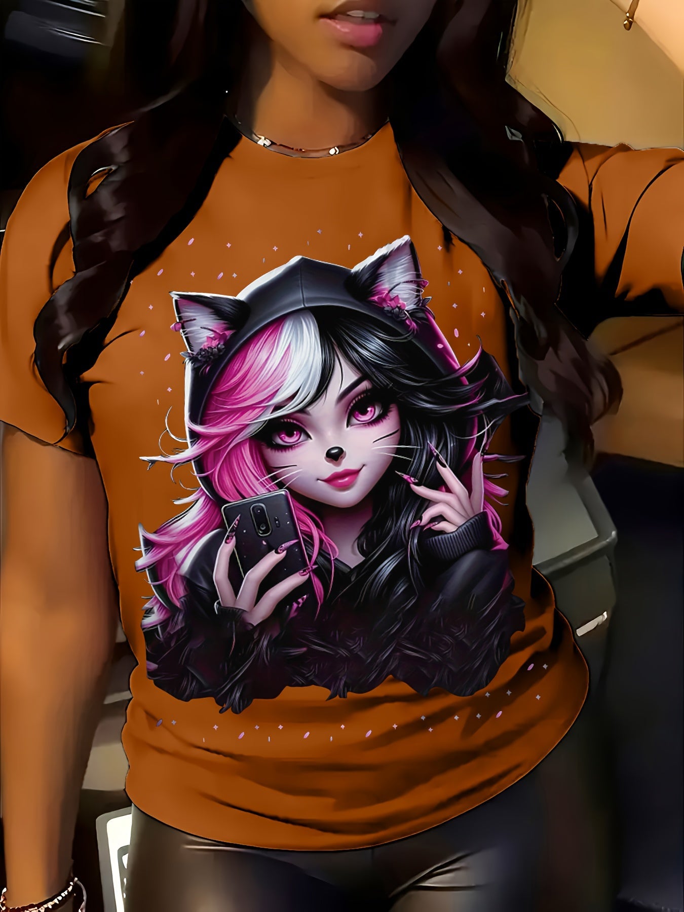 Women's Anime Cat Ear Graphic T-Shirt - Japanese Manga Print Short Sleeve Crew Neck Top, Soft Stretch Casual Summer & Spring Tee for Conventions, Themed Events & Casual Attire