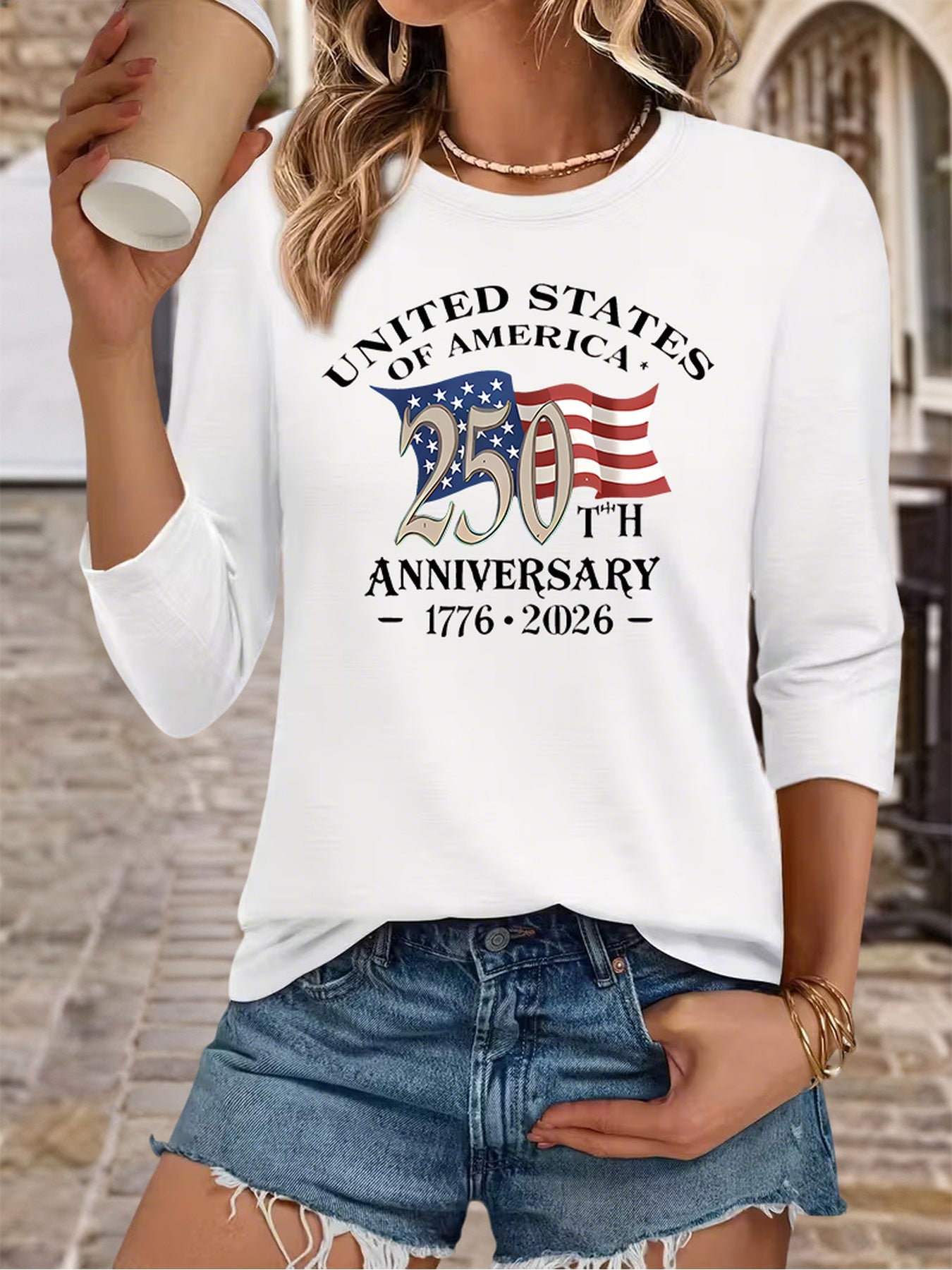 Women's USA 250th Anniversary T-Shirt 1776-2026 - Soft Breathable 3/4 Sleeve Crew Neck Top with Patriotic American Flag Print, Casual Relaxed Fit Suitable for 4th of July, July Celebrations & Year-Round Wear