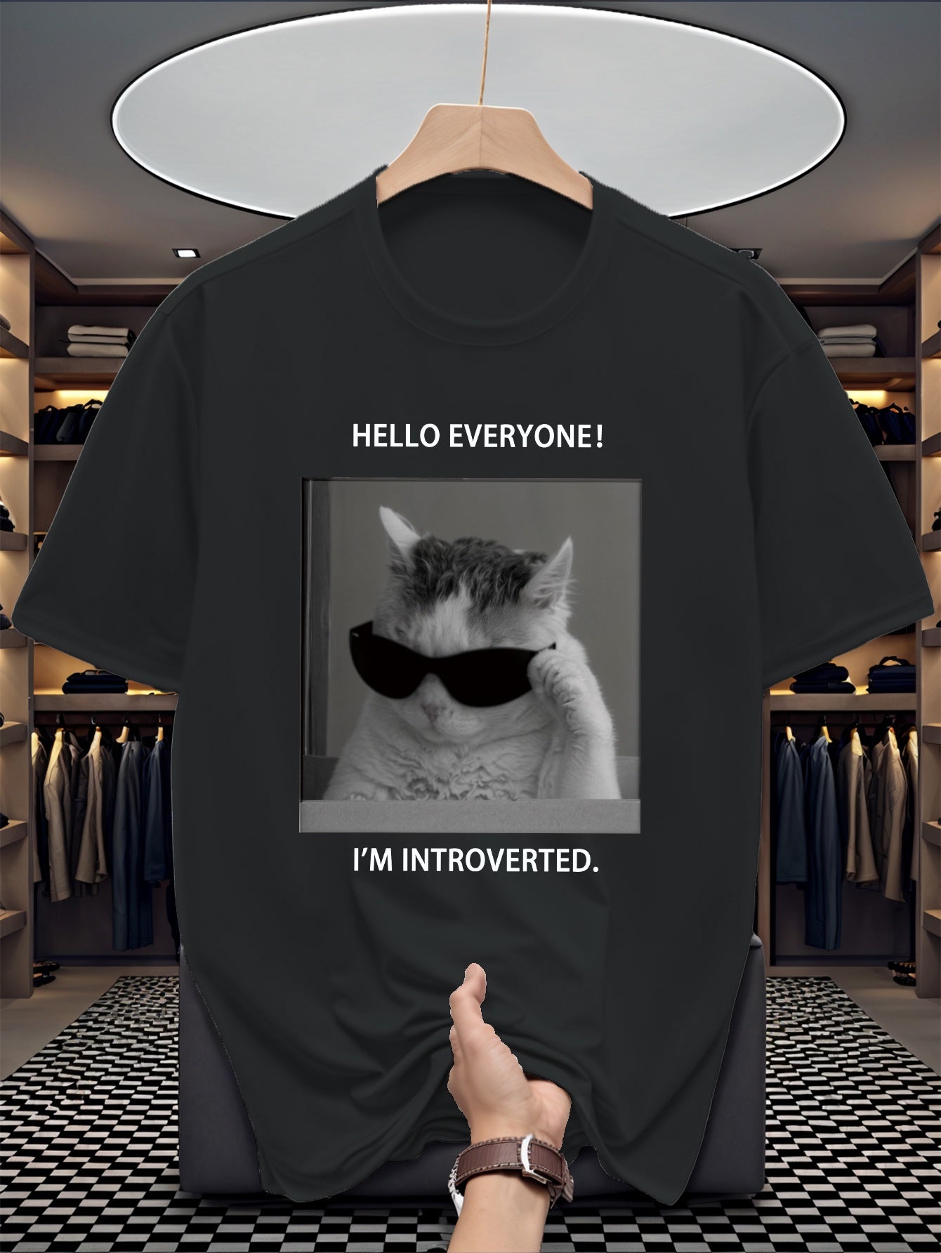 Men's "Pretending to Be Socially Awkward" Cat Letter Print Versatile Casual Sporty Short-Sleeve T-Shirt