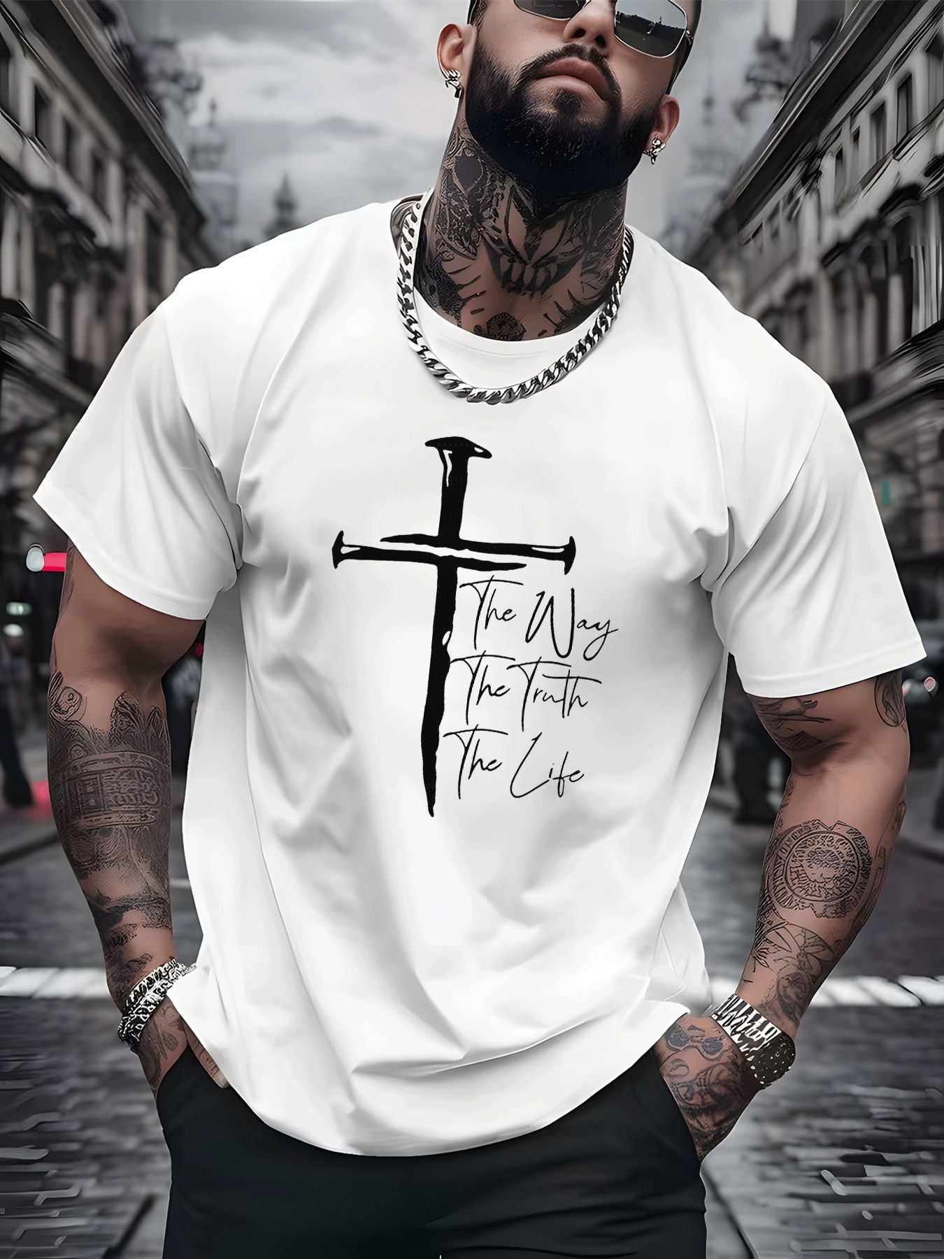 Classic Christian Graphic Tee with White Cross The Way The Truth The Life Print Men'S Fashion Street Style Casual Wear Adults Men Daily Outfit