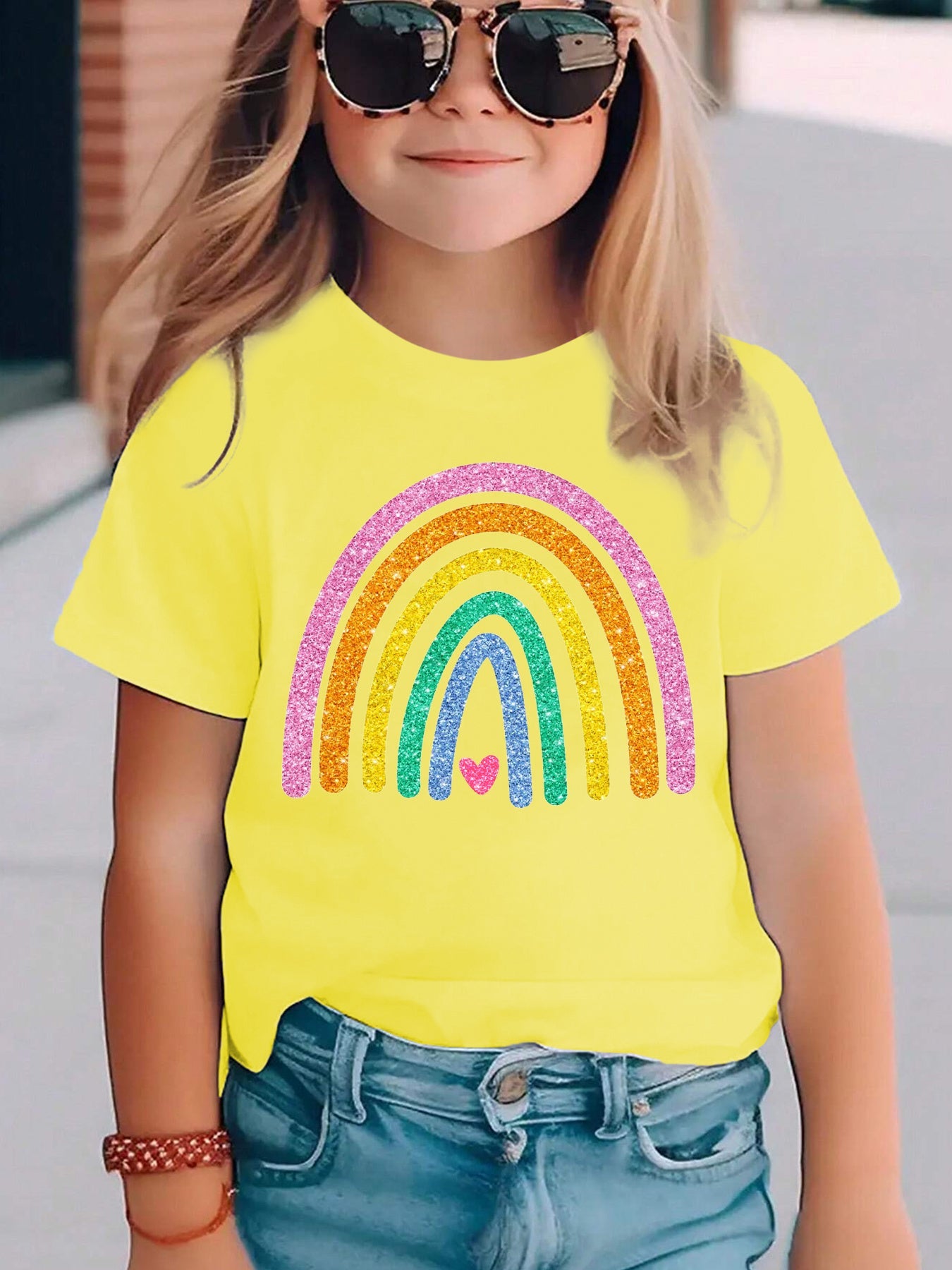 Summer Fashion Girls' Short Sleeve T-Shirt with Rainbow Heart Print, Casual Versatile Top NY-DX5490