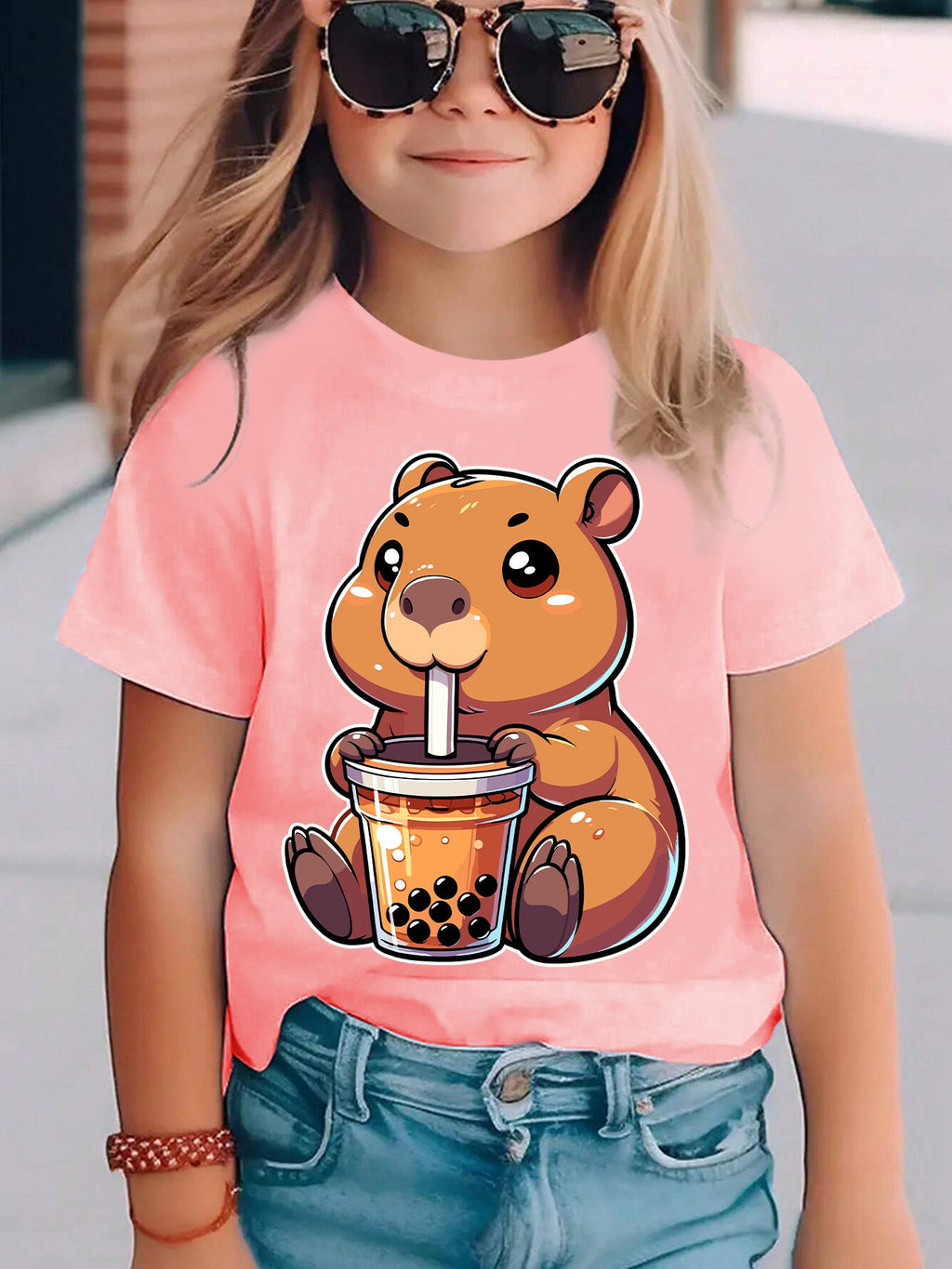 Girls' Summer Short Sleeve T-Shirt with Cute Bear Drinking Boba Milk Tea & Letter Print Round Neck Blouse - Casual Summer Top for, Playdates, Casual Attire - Easy-Care for & Little Girls (DX5334)