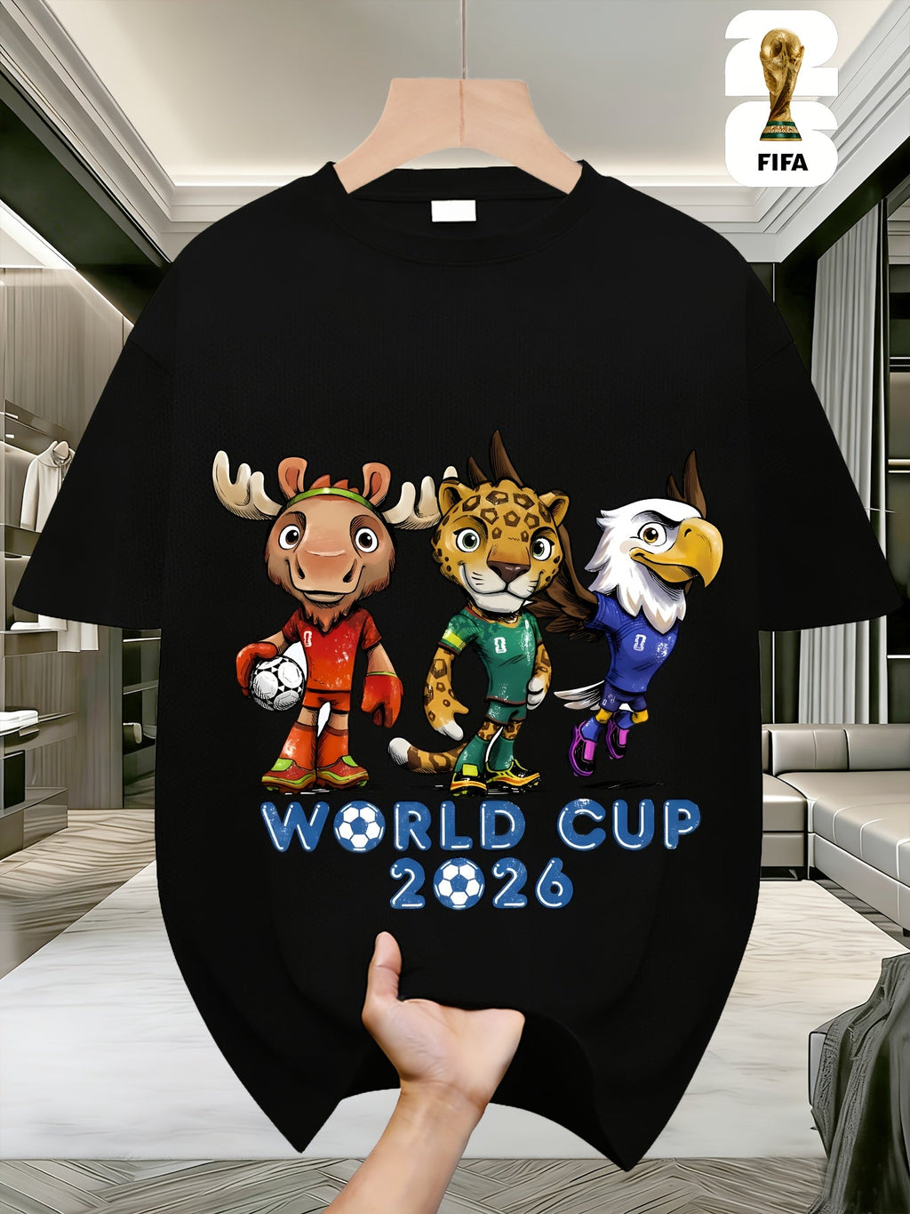 FIFA World Cup Football Men's Fashionable Short-sleeved T-shirt with a US, Canada and Mexico Themed Print. A Casual and Comfortable Summer T-shirt with a Cartoon Theme Design, Perfect for Outdoor Summer Wear, Birthday Gifts, and World Cup Presents.
