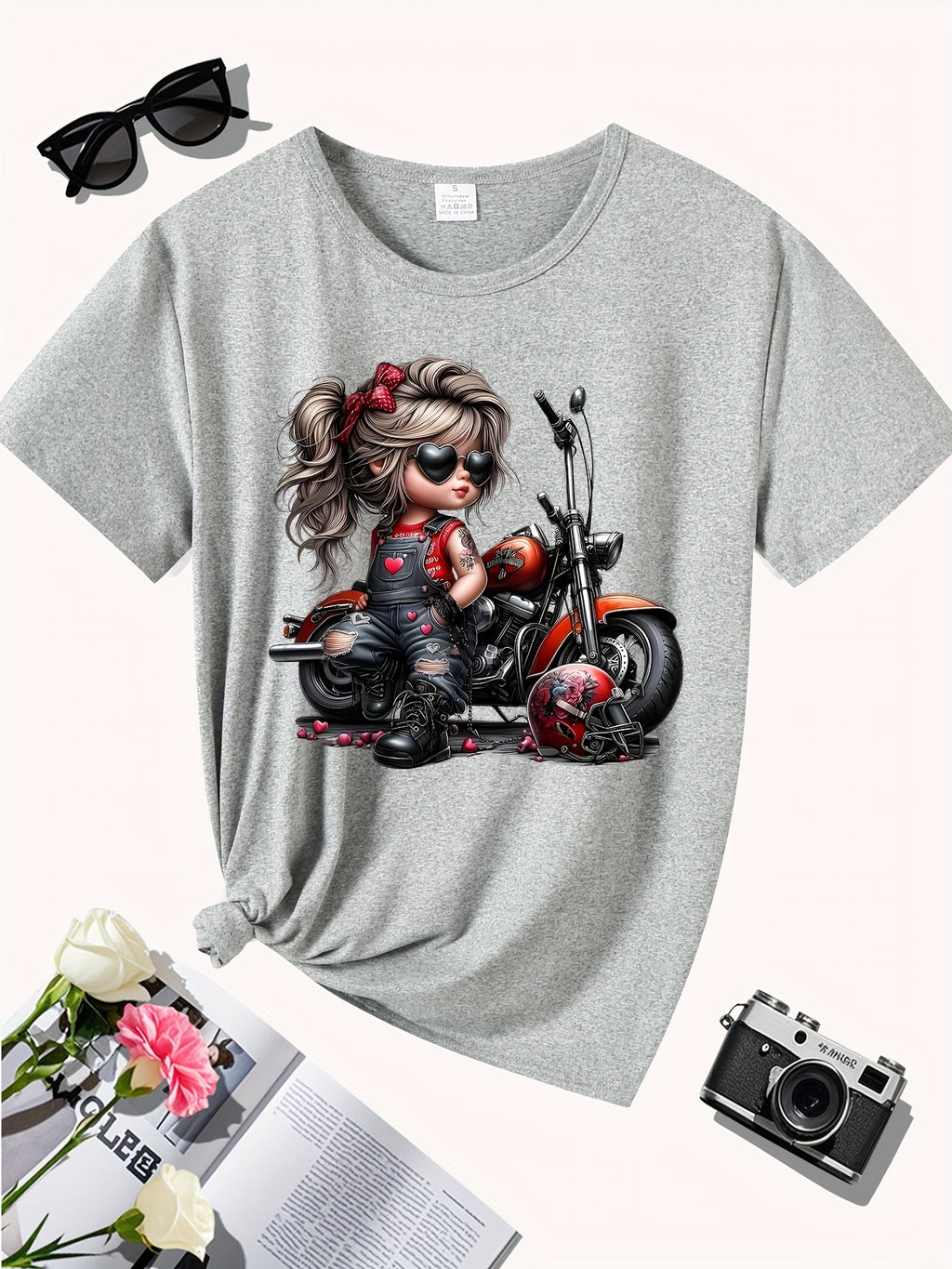 Fashion Motorcycle, Gift, Holiday Edition, Novelty Print, New Women's Round Neck Casual Sport All-Season Comfort T-Shirt