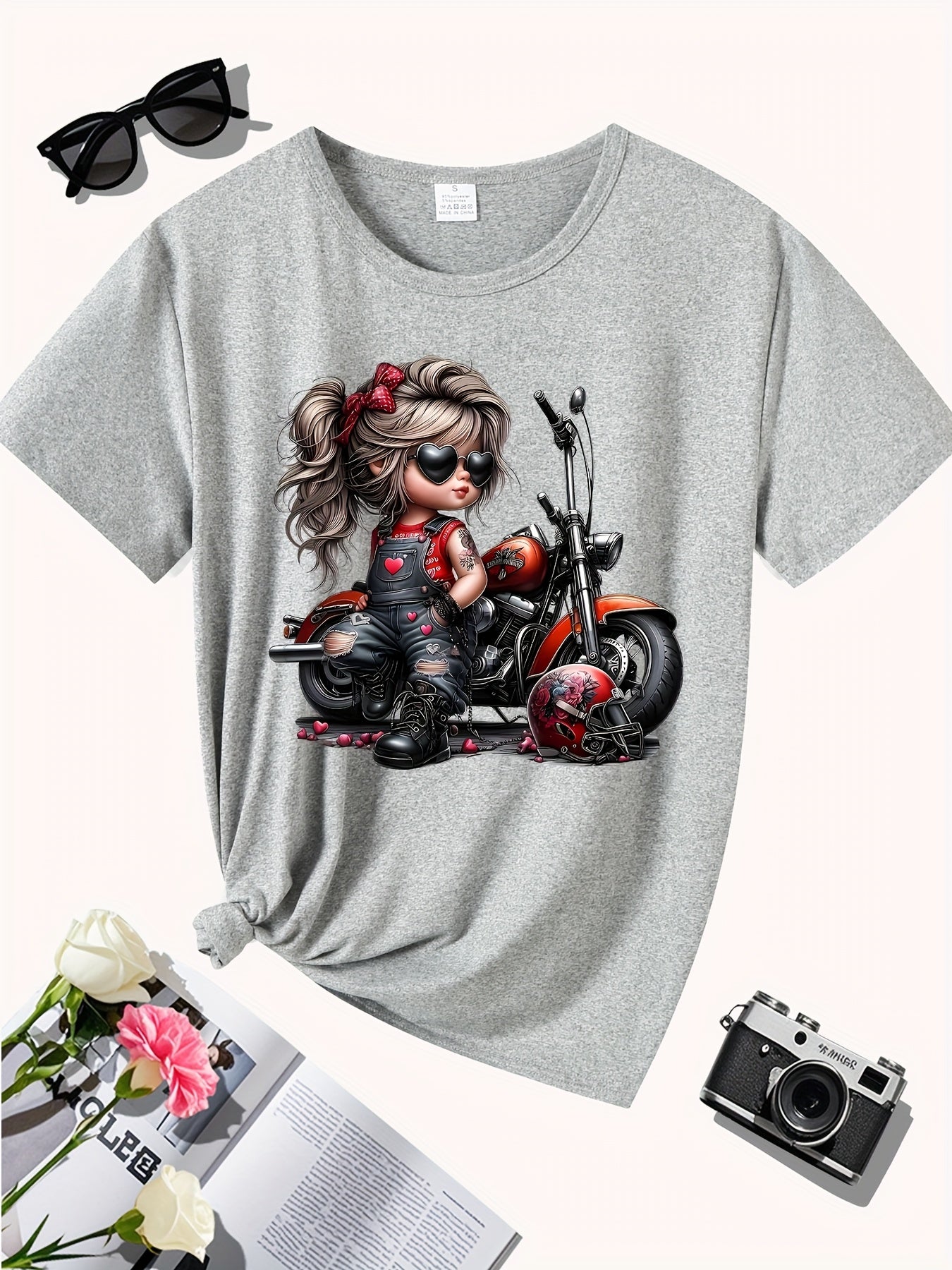 Fashion Motorcycle, Gift, Holiday Edition, Novelty Print, New Women's Round Neck Casual Sport All-Season Comfort T-Shirt