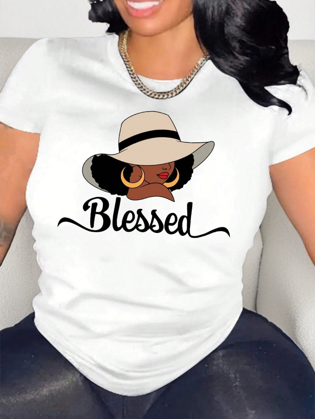 Portrait Print T-shirt, Casual Short Sleeve Crew Neck Top For Spring & Summer, Women's Clothing