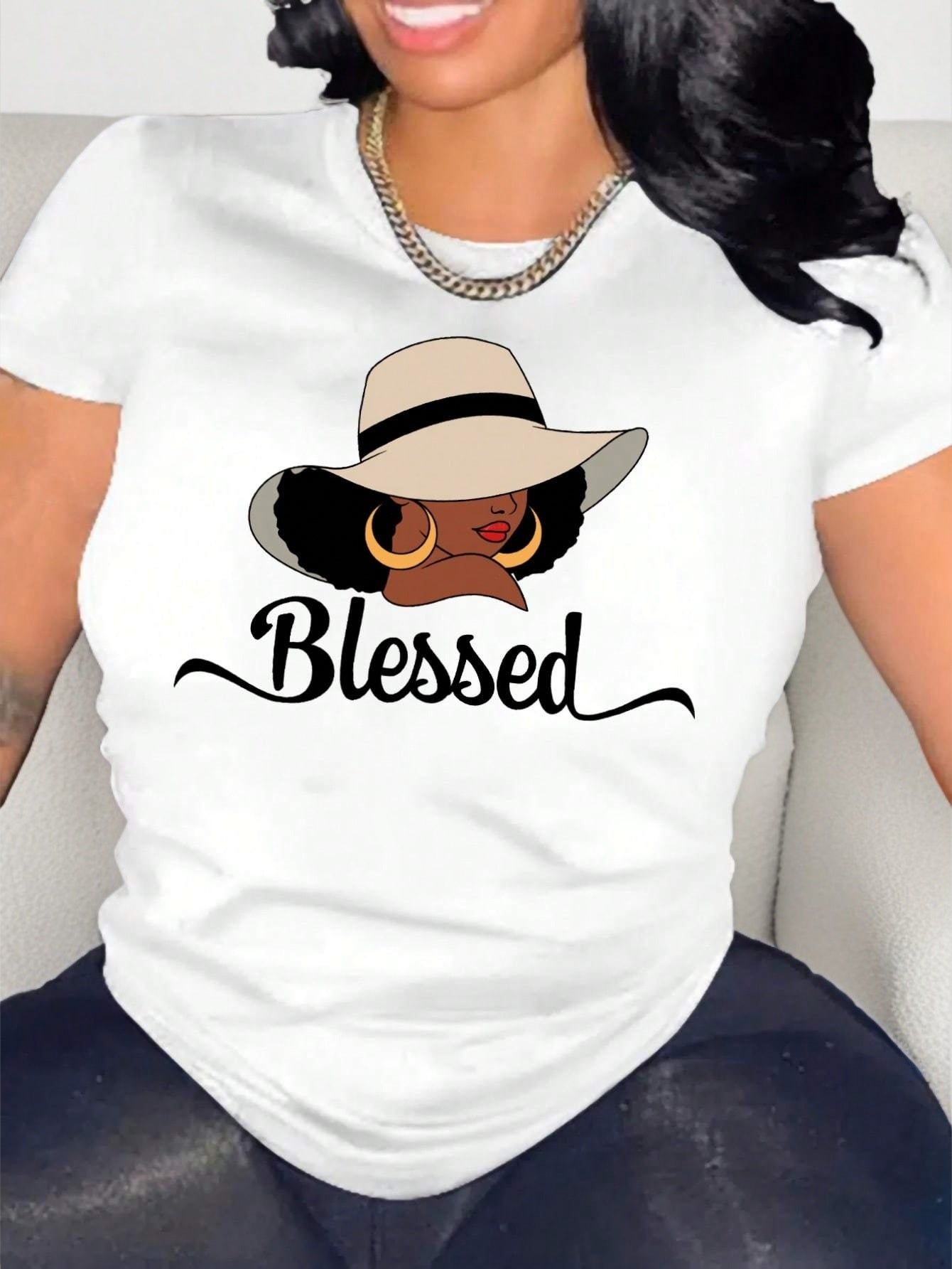 Portrait Print T-shirt, Casual Short Sleeve Crew Neck Top For Spring & Summer, Women's Clothing