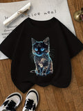 Girls' Glowing Cat (Glow-in-the-Dark) Print T-Shirt - Summer Short Sleeve Round Neck Top with -Activated Feline Design for 8-14 Year Olds, Machine Washable Casual Wear for & Parties - Blouse