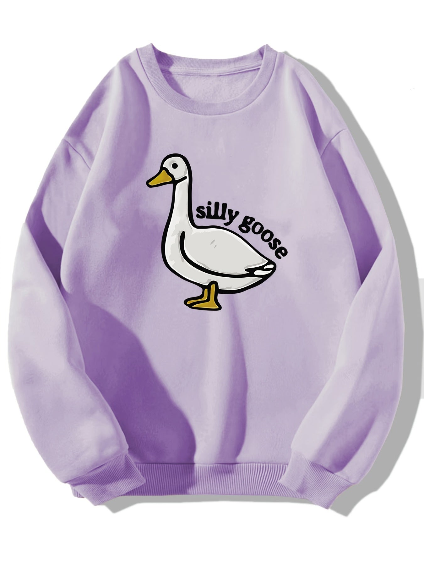 Silly Goose Print Crew Neck Fleece Sweatshirt Warm Pullover For Men Solid Color Sweatshirts For Winter Fall Long Sleeve Tops