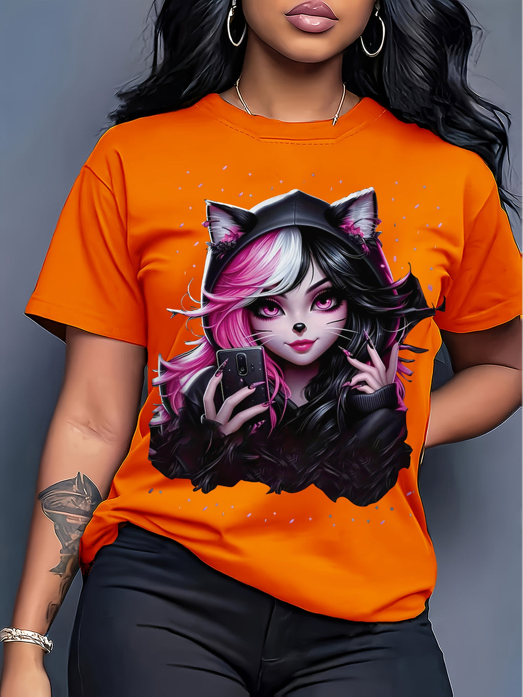 Women's Anime Cat Ear Graphic T-Shirt - Japanese Manga Print Short Sleeve Crew Neck Top, Soft Stretch Casual Summer & Spring Tee for Conventions, Themed Events & Casual Attire