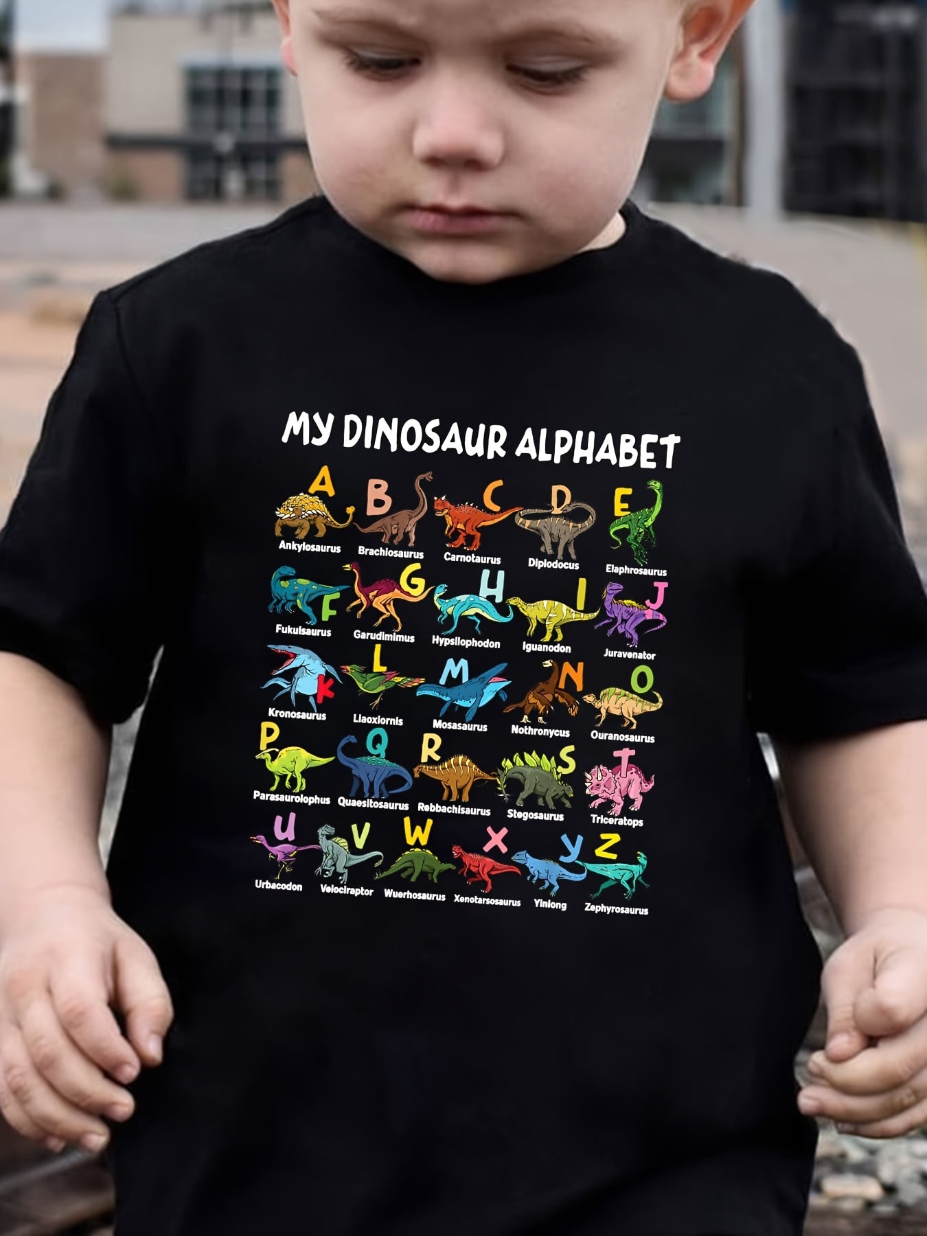 Summer Boys' Fashion Short Sleeve "MY DINOSAUR ALPHABET" Dinosaur Element Alphabet Print Outdoor Casual Top NY-DX5404