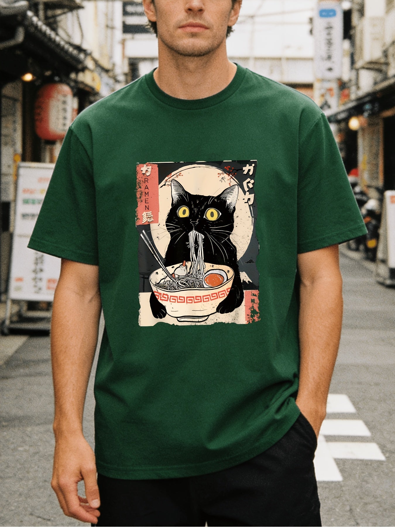 Men's Vintage Japanese Ramen Cat T-Shirt - Kitten Eating Noodles Print Round Neck Short Sleeve, Anime Cat & Ramen Lovers Casual Shirt, Machine Washable Comfortable Casual Attire