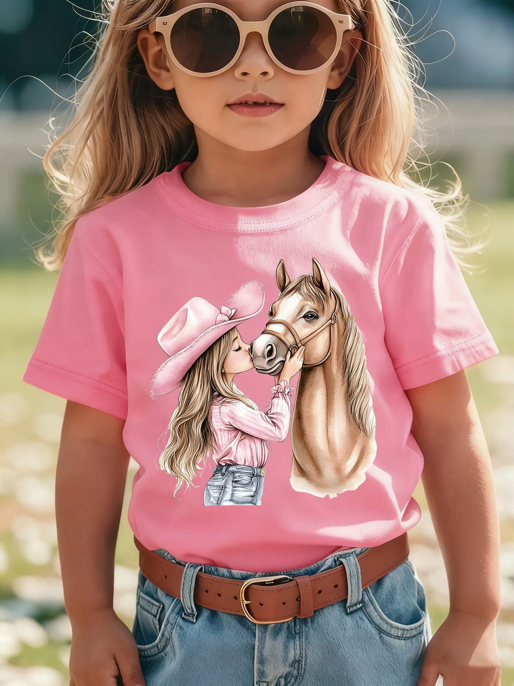 Girls' Summer Short Sleeve T-Shirt with Kissable Horse & Mara' Cartoon Patch - Pink Casual Round Neck Blouse for Equestrian Outfits NY-DX7632