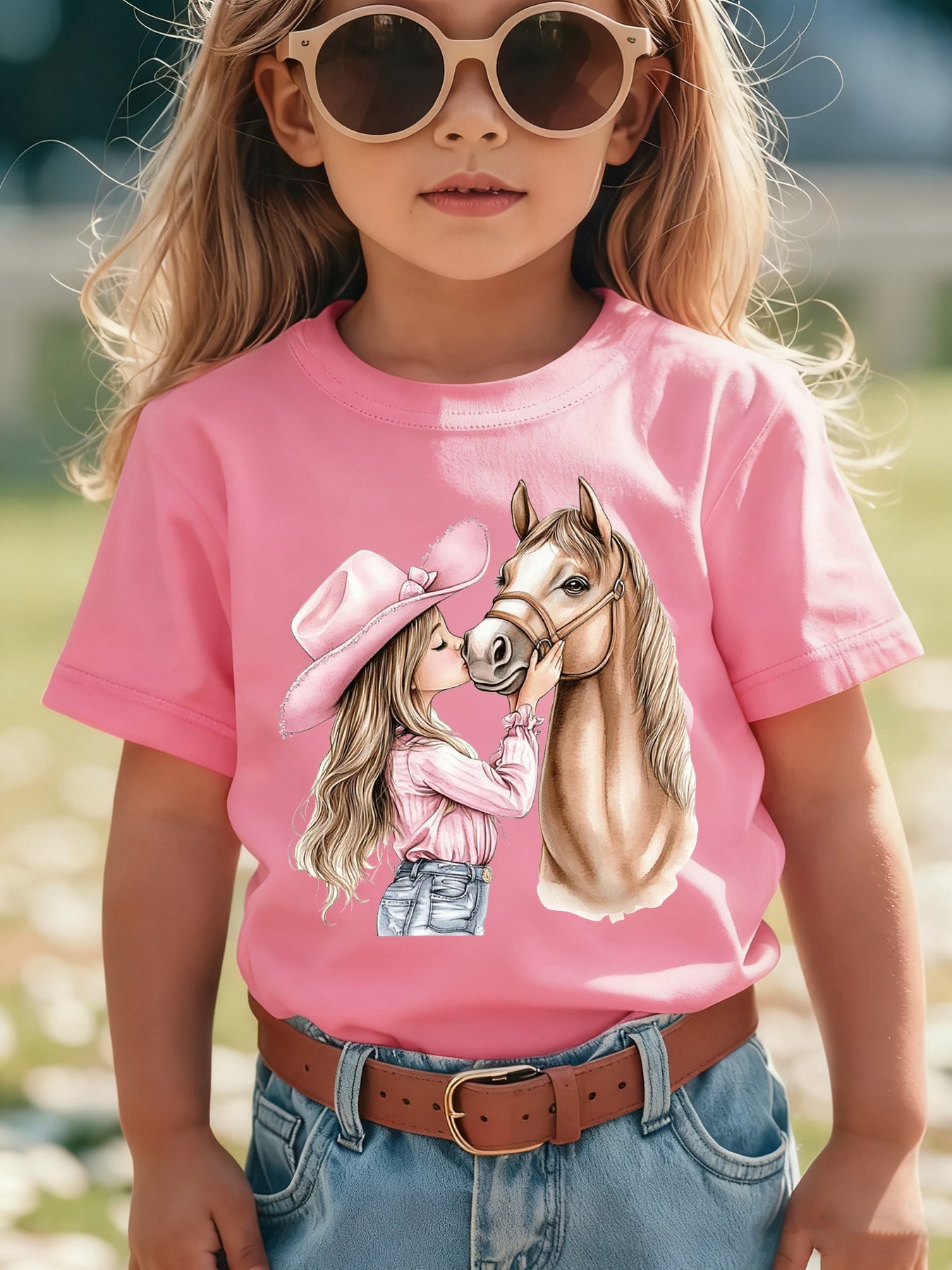 Girls' Summer Short Sleeve T-Shirt with Kissable Horse & Mara' Cartoon Patch - Pink Casual Round Neck Blouse for Equestrian Outfits NY-DX7632