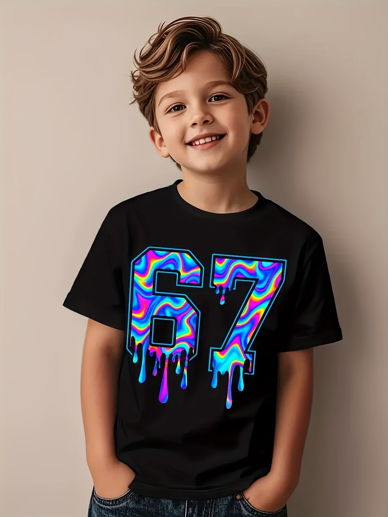 Soft And Breathable Vortex Six Seven Drops 6 7 Boys And Girls Pattern T-Shirt - Crew Neck Shirt, Suitable for Early Elementary School - Birthday Party Clothes Or Everyday Play Clothes - Easy-Care Parent-Favorite Clothes, Casual Wear