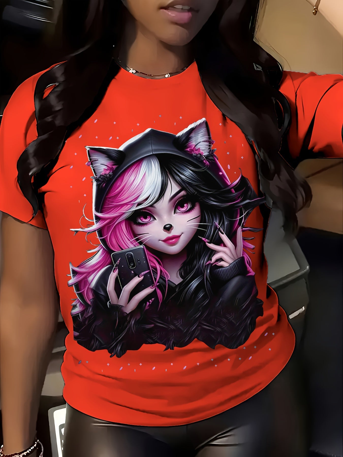 Women's Anime Cat Ear Graphic T-Shirt - Japanese Manga Print Short Sleeve Crew Neck Top, Soft Stretch Casual Summer & Spring Tee for Conventions, Themed Events & Casual Attire
