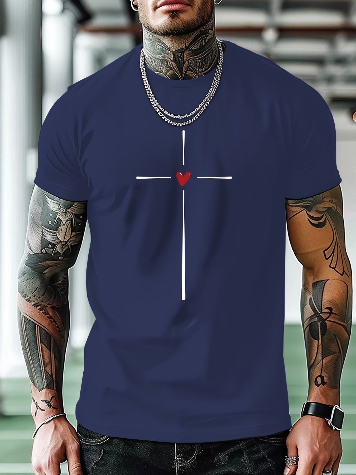Men's Fashion Casual Cross Heart Line Print Regular Shoulder Short Sleeve T-Shirt, Comfortable and Versatile, All Seasons, Gift, Breathable, Sports