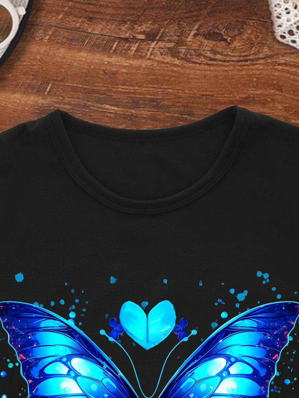 TD61013 Teenage Girls Colorful Pattern Print Beautiful Blue Butterfly Round Neck Summer Trendy Fashion T-shirt
