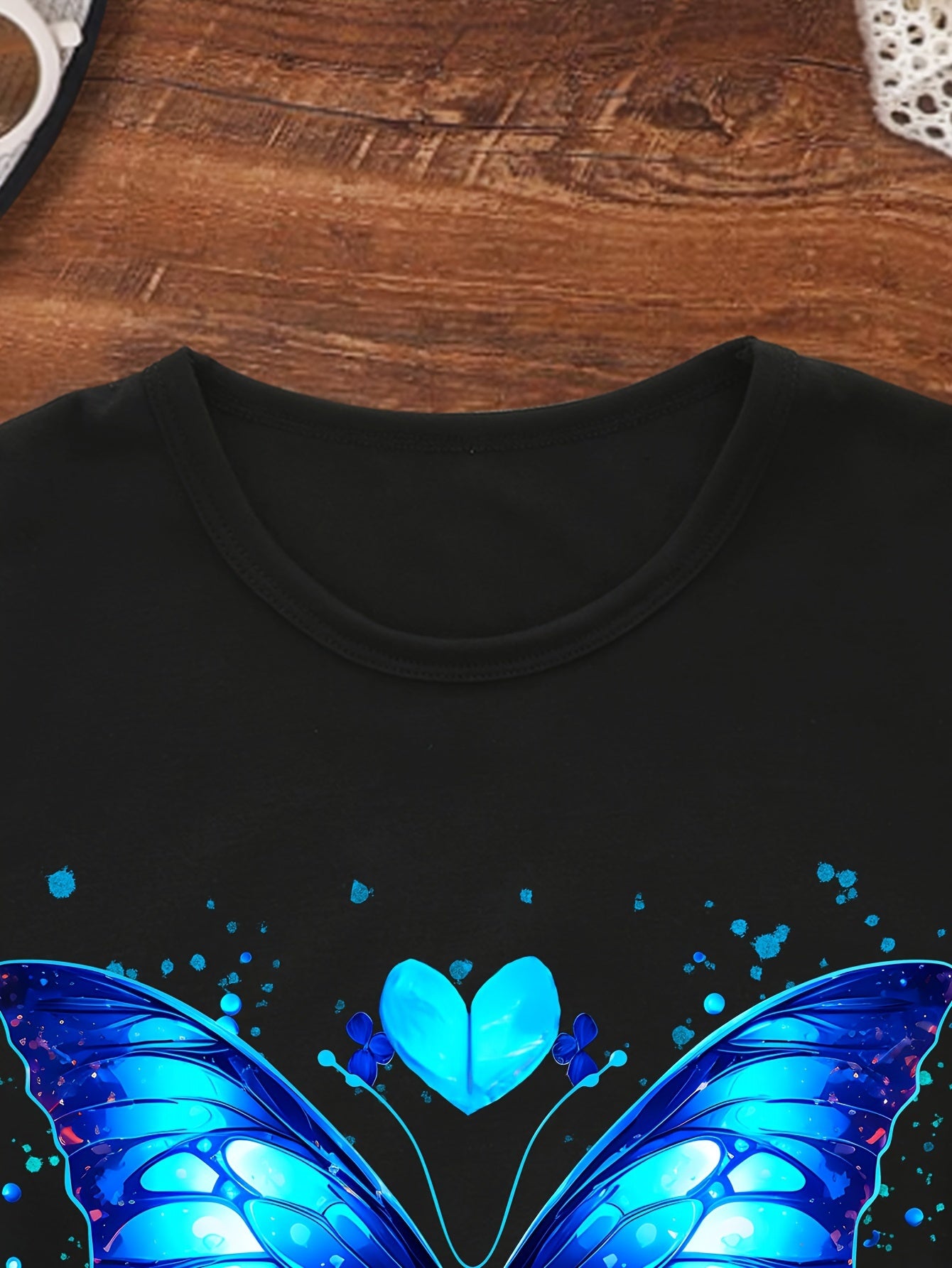TD61013 Teenage Girls Colorful Pattern Print Beautiful Blue Butterfly Round Neck Summer Trendy Fashion T-shirt