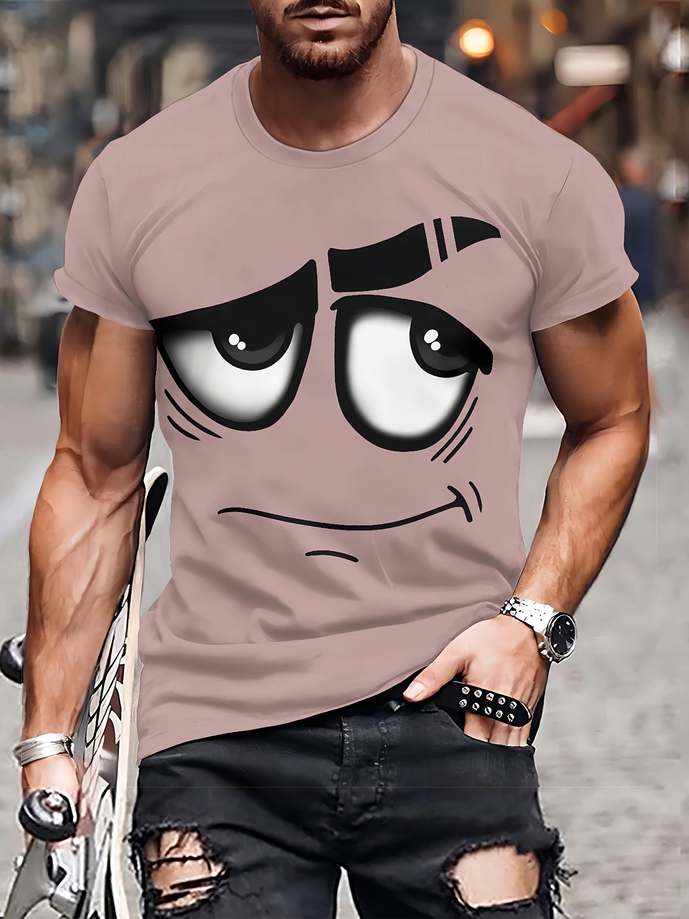 Men's 3D Novelty Graphic Tee - Casual Polyester Crew Neck T-Shirt, Machine Washable