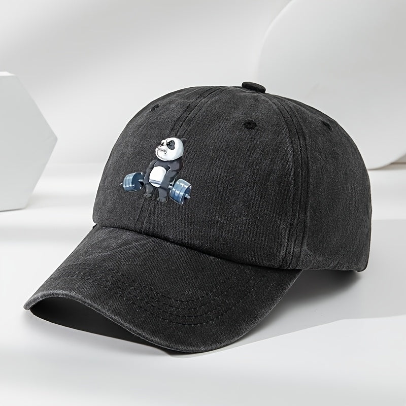 Cartoon Panda Print Baseball Cap, Washed Distressed Classic Flat Brim Hat, Soft Top Comfortable Moisture-Wicking Breathable Cap